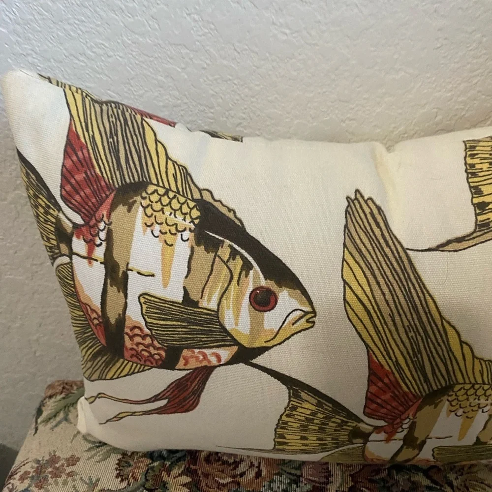 Pottery Barn Nautical Tropical Angel Fish Print Indoor Outdoor 15” Decor Pillow